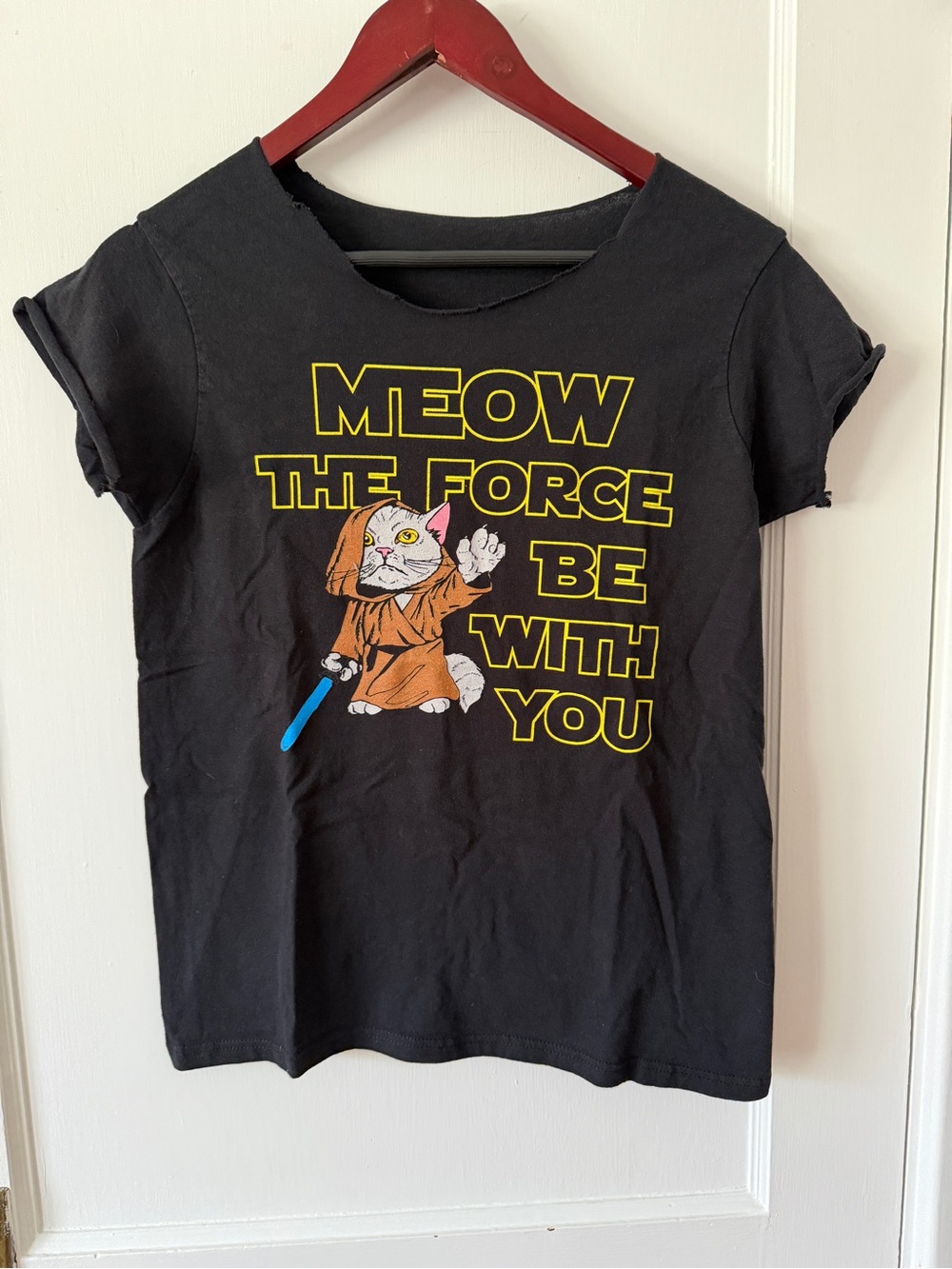 Black "Meow The Force Be With You" Graphic Tee Star Wars Cats Jedi Light Saber